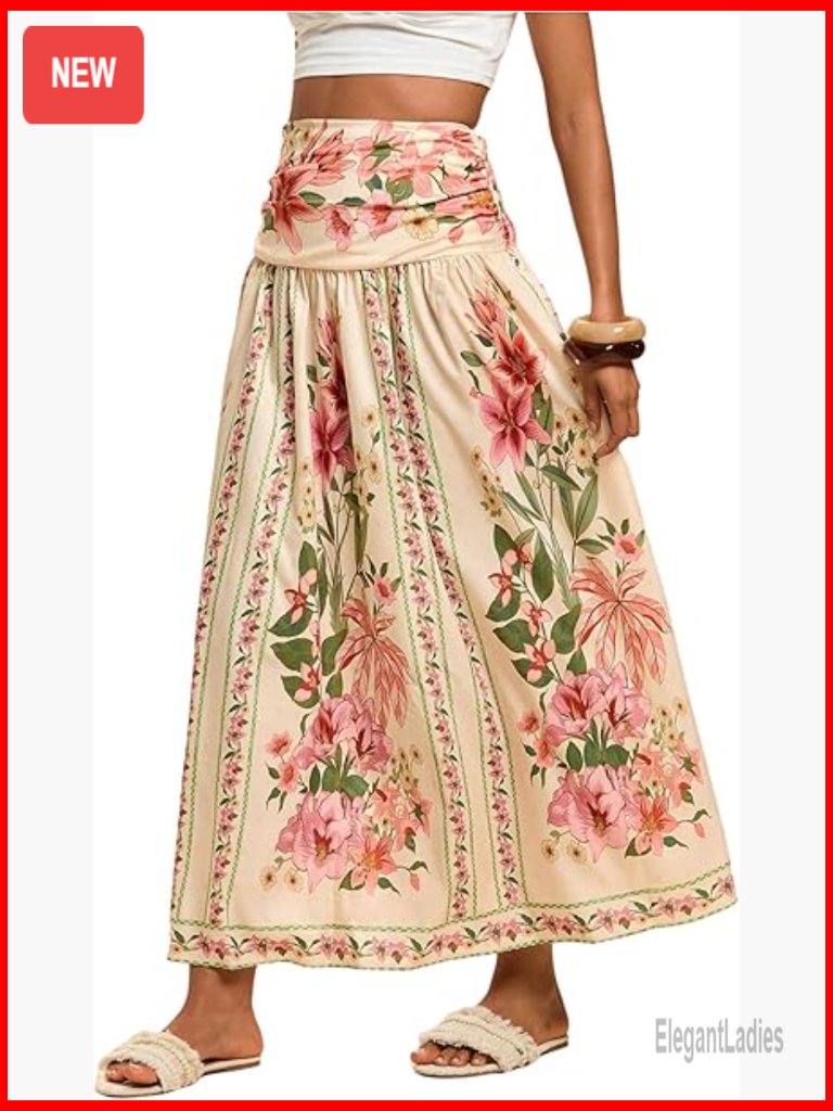 Boho Floral Maxi Skirt Shirred High Waisted A-Line Flowy Long